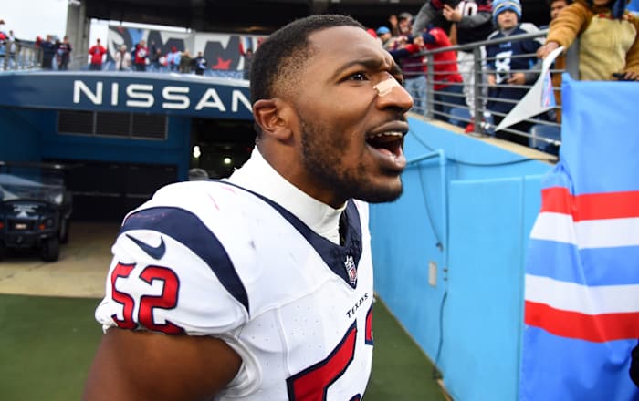 Dec 17, 2023; Nashville, Tennessee, USA; Houston Texans defensive end Jonathan Greenard (52) celebrates after a victory against the Tennessee Titans at Nissan Stadium.